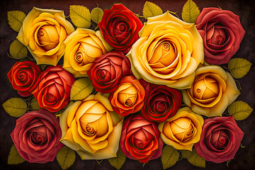 Top flat view of red, yellow and orange roses. Bouquet of multicolored garden flowers for Sant Jordi, Valentine's, Mother's Day. Romantic gift for invitation cards, birthdays. Generative AI background
