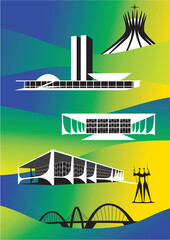 Ilustração artística de alguns dos principais edifícios da cidade de Brasília, capital do Brasil. Modo retrato.