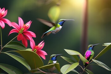 Obraz premium Hummingbird in the treetops in a tropical rainforest, bright flowers and leaves, exotic plants, vines. Wildlife concept of ecological environment. Generative AI