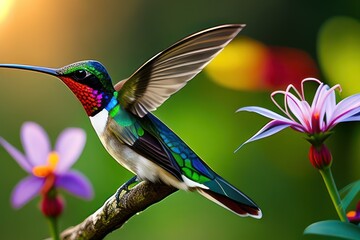 Fototapeta premium Hummingbird in the treetops in a tropical rainforest, bright flowers and leaves, exotic plants, vines. Wildlife concept of ecological environment. Generative AI