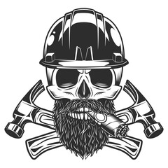Skull smoking cigar or cigarette with mustache and beard and helmet hard hat builder crossed hammers from new construction and remodeling house business in monochrome vintage style illustration