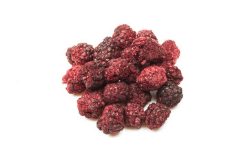 Stack of freeze dried raspberries isolated on white background. Dietary food