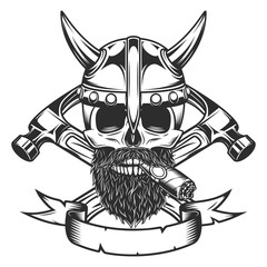 Viking skull smoking cigar or cigarette with mustache and beard and horned helmet with builder crossed hammers from new construction and remodeling house business vintage style illustration