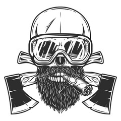 Skull smoking cigar or cigarette in safety glasses with mustache and beard and crossed wooden axe business woodworking or lumberjack emblem construction builder tool