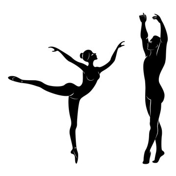 Silhouette of a cute lady and youth, they dance ballet. The woman and the man have beautiful slender figures. Girl ballerina and boyfriend dancer. Ballet dancer. Vector illustration.