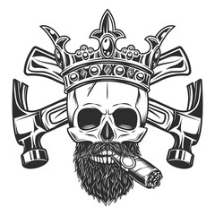 Skull smoking cigar or cigarette with mustache and beard and royal crown builder crossed hammers from construction business in monochrome vintage style illustration