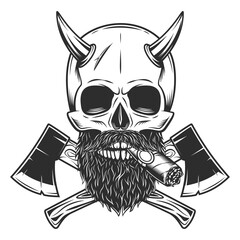 Skull smoking cigar or cigarette with horn and mustache and beard and crossed wooden axe construction builder tool. Element for business woodworking or lumberjack emblem illustration