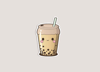 A glass of coffee with a straw on a beige background. 2D AI illustration