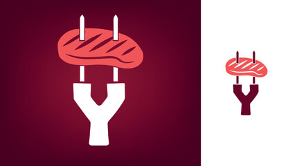 Y letter symbol with barbecue skewer shape in orange and brown colors