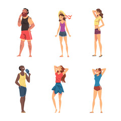 Relaxed People Character in Standing Enjoying Hot Summer Vector Set