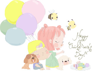 Cute Little Girl with Boy holding Colorful Balloons. Happy Children s Day. Vector Illustration