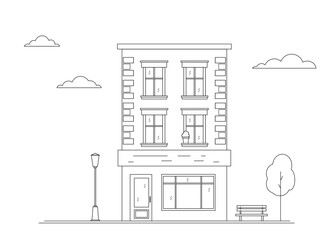 Black white city landscape with house, trees and clouds. Old architecture.  Line art illustration. © Tunrida