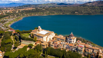 Aerial view of the Papal Palace of Castel Gandolfo, near Rome, Italy. The Apostolic Palace is a...