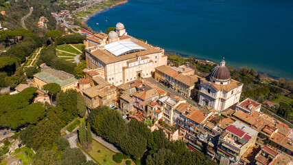 Aerial view of the Papal Palace of Castel Gandolfo, near Rome, Italy. The Apostolic Palace is a...