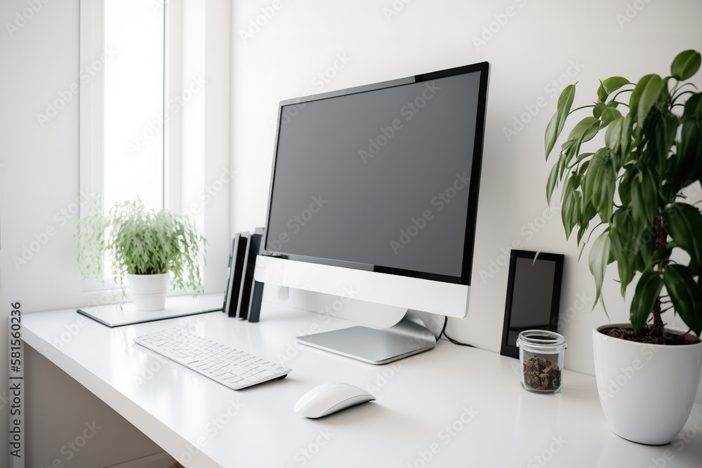 Poster modern home office mockup computer with blank display on white table. generative ai