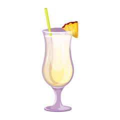 Pina Colada classic cocktail with rum, coconut milk, pineapple. Italian aperitif cocktails. Alcoholic beverage for drinks bar menu. Beach Holidays, summer vacation, party, cafe bar, recreation. Vector