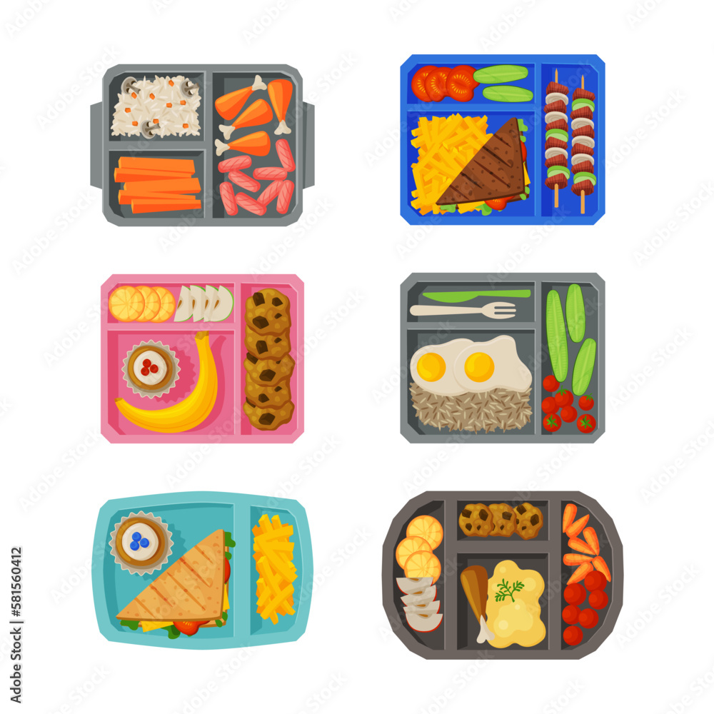 Poster meal tray with fresh appetizing food rested in different section above view vector set