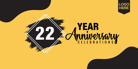 22nd years anniversary celebration logo design with black brush and yellow color with black abstract vector illustration