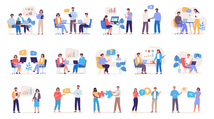 Different people characters work together in the office and remotely . Modern office workers set