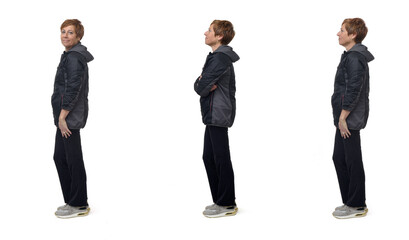 side view of a same woman clothing in sportswear and onorak various poses on white background