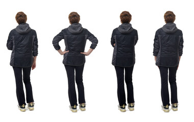  back view of a same woman clothing in sportswear and onorak various poses on white background © Curto