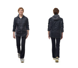 front and back view of same woman with sportswear walking on white background