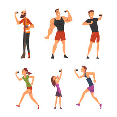 Young Man and Woman Holding Smartphone Having Video Call or Taking Selfie for Social Media Vector Set