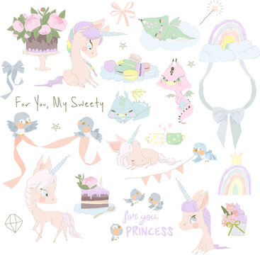 Vector Set of Cute Little Dragons, Magic Unicorns and Flowers on White Background