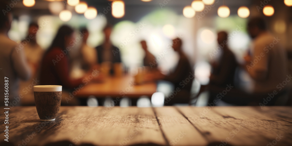 Poster an empty wooden counter table top for product display in a coffee shop or bar. generative ai