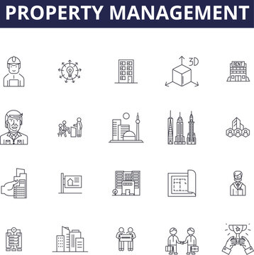 Property Management Line Vector Icons And Signs. Management, Rent, Landlord, Tenant, Lease, Real, Estate, Maintenance Outline Vector Illustration Set