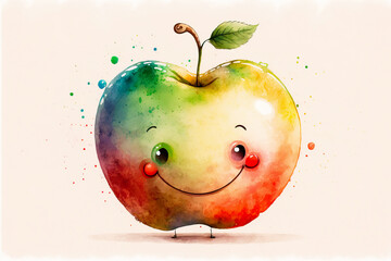 Watercolor cute smiling apple cartoon character