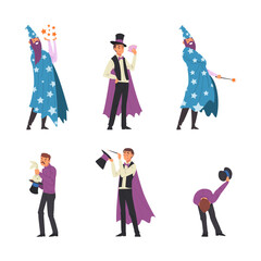Fototapeta na wymiar Man Magician with Top Hat Performing Different Magic Tricks on Stage Vector Set