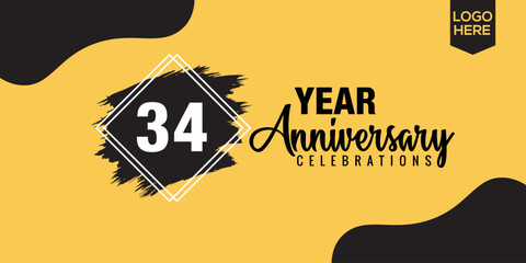 34th years anniversary celebration logo design with black brush and yellow color with black abstract vector illustration