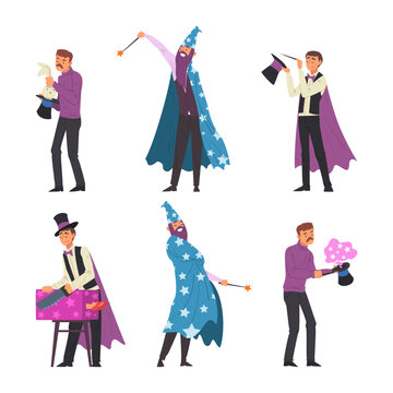 Man Magician with Top Hat Performing Different Magic Tricks on Stage Vector Set