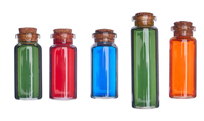 Many filled glass bottles on isolated background