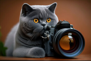 A cute kitten with a camera ready to take a photo, created with generative Ai