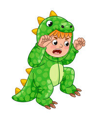 Boy in dino costume. Cheerful schoolboy in clothes of animal bc era, activity and games. Imagination and fantasy. Roaring child in costume lizard or monster. Cartoon flat vector illustration