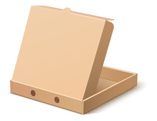 Open pizza box. Brown carton package. Blank realistic mockup
