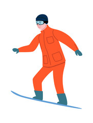 Boy skates on snowboard. Kid jumping on board. Winter sport