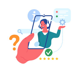 Hand holding phone with support woman on screen. Cuatomer talking with helpdesk service