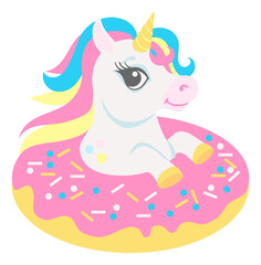 Cute unicorn sitting in big donut. Cartoon sweet magic