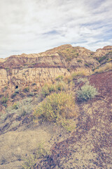 Portrait view landscape  looking up a cliff at the Badlands of Drumheller, Alberta, Canada