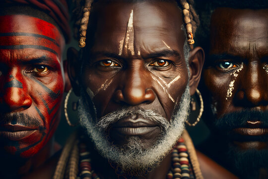 Three men's faces painted in traditional colors and paint patterns of Africans, local typical inhabitants of the tribes. Generative AI