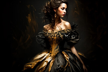 Female in a victorian age dress on dark background. Young woman in a gothic dress. Female in a medievale outfit portrait. Generative AI. - obrazy, fototapety, plakaty
