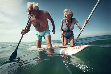 Senior couple on a stand up paddle board. Healthy active lifestyle, water sports for seniors - obrazy, fototapety, plakaty