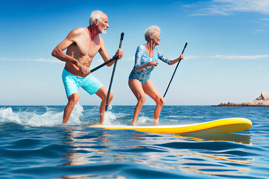 Senior couple on a stand up paddle board. Healthy active lifestyle, water sports for seniors