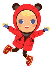 Happy kid in cold weather clothing. Cartoon child jumping