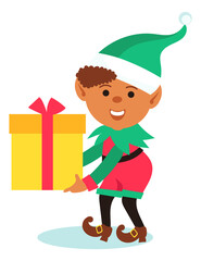 Christmas elf with gift box. Winter holiday symbol. Cute cartoon character