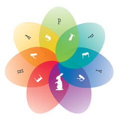 Happy Easter Rainbow Style Eggs Creative Concept with Rabbit Egg Hunt Symbol and Circle Shape Logo Lettering - Multicolor Elements on White Background - Hand Crafted Design