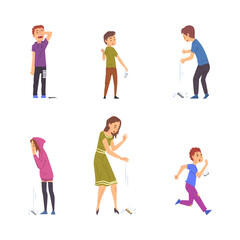 Fototapeta premium Young Woman and Kids Dropping Their Smartphone by Accident Vector Set